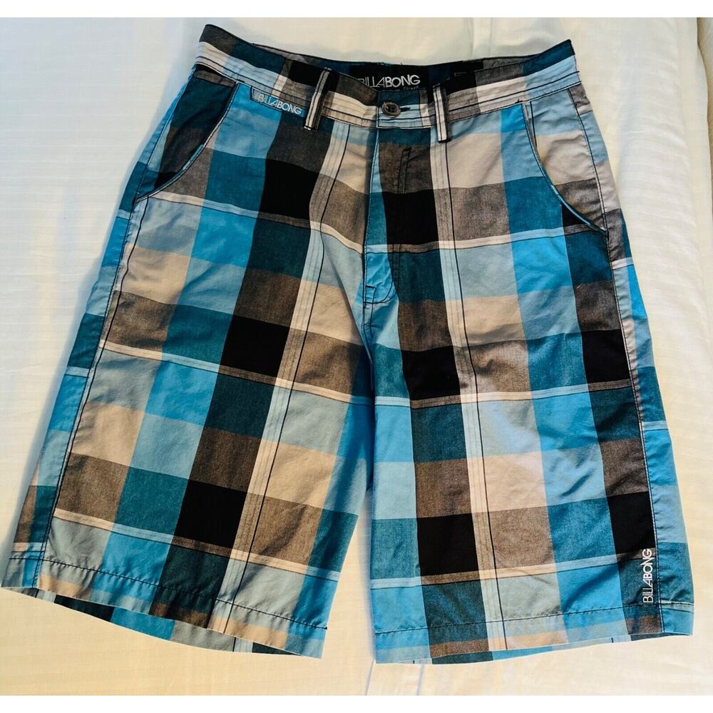 Billabong Men's Shorts w/Pockets Size 30 Blue/Black/Gray Plaid A+